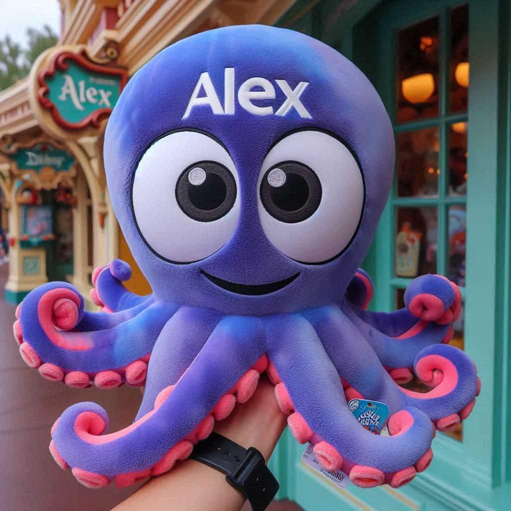 peluche poulpe personnalisée avec le prénom alex, style disney, couleur violet
