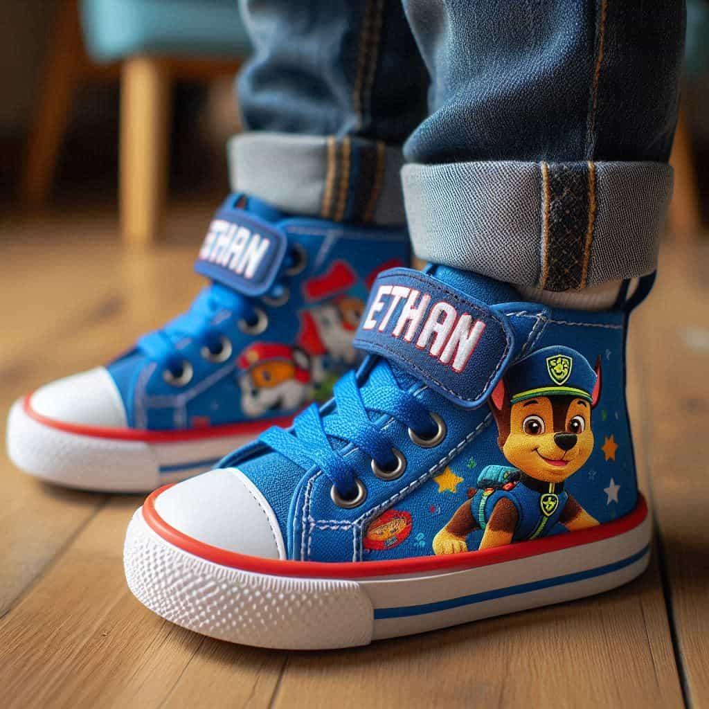 chaussures personnalisées avec le prénom ethan, theme pat patrouille