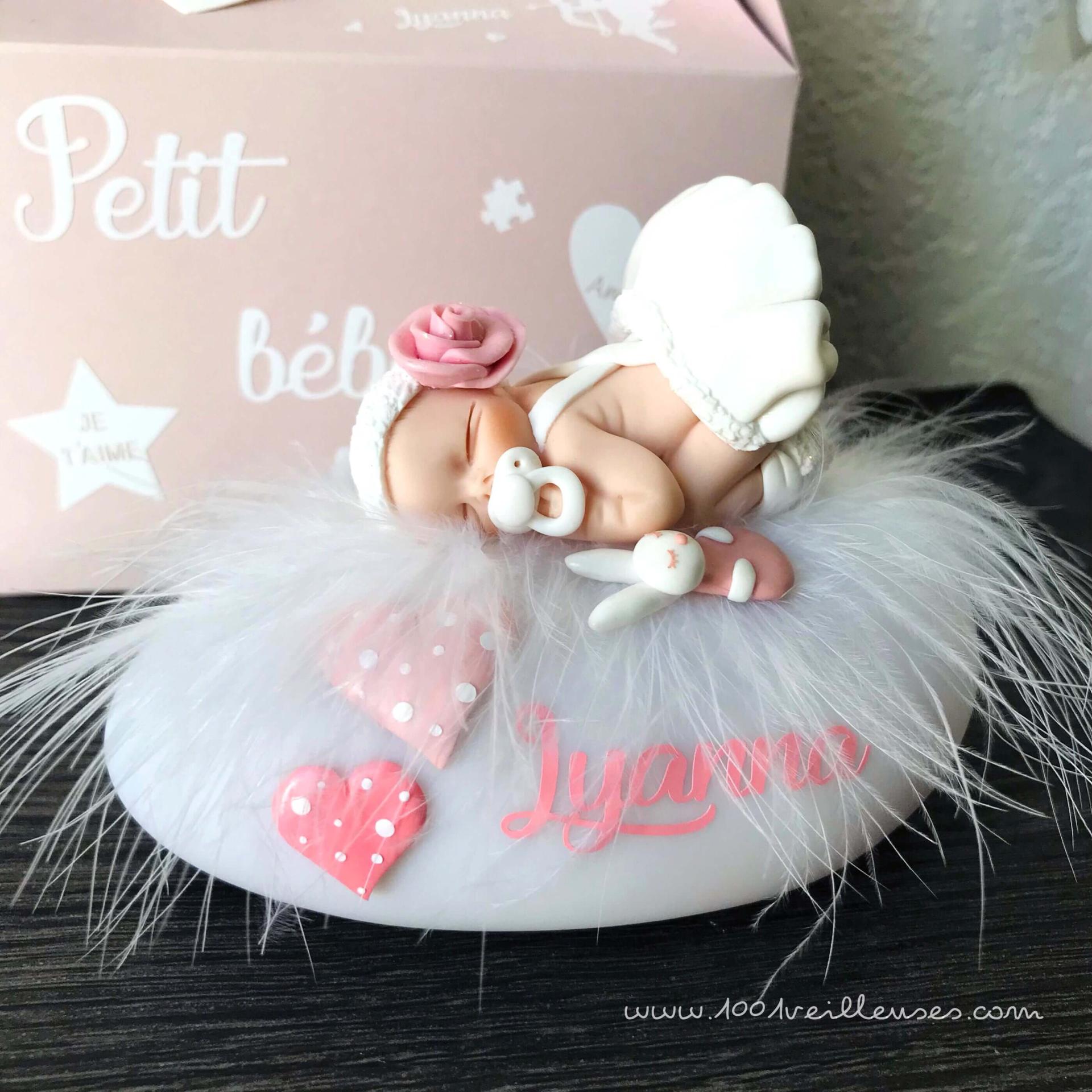 petite veilleuse bébé fimo fille en robe blanche et rose - naissance, baptême