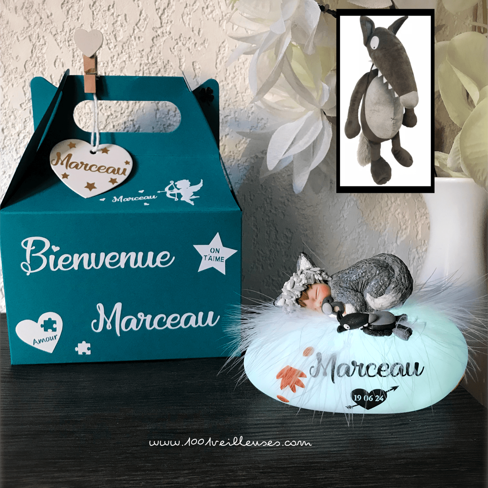Magnifique création artisanale pour bébé garçon - superbe veilleuse personnalisable - cadeau de naissance rare - doudou loup