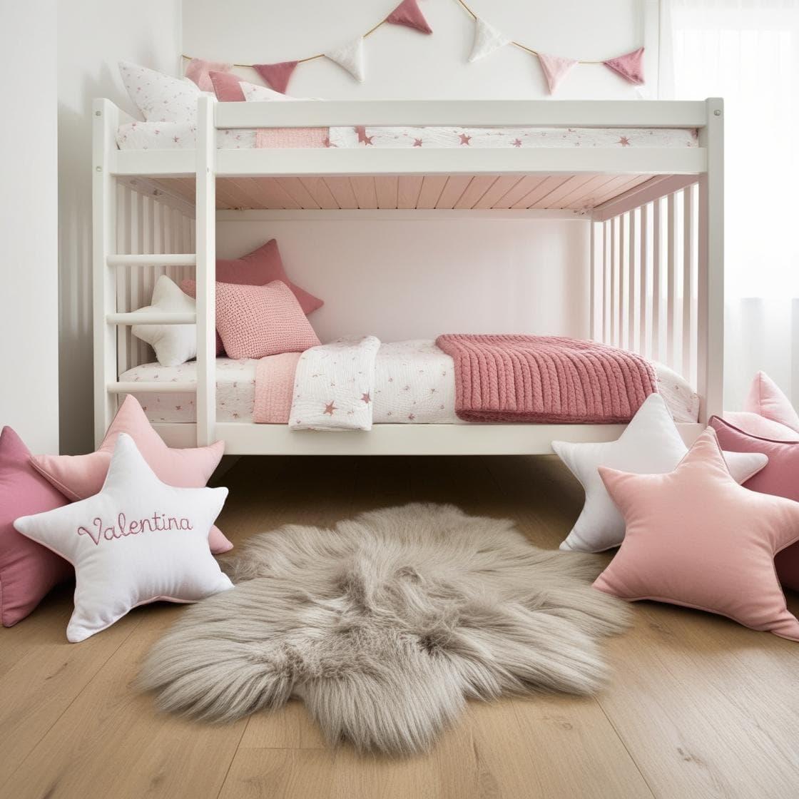 A little girl room with a cabin bed a scandinavian style fur rug star shaped cushions moon shaped cushions valentina is embroidered on a cushion colors white pink seen from afar 2