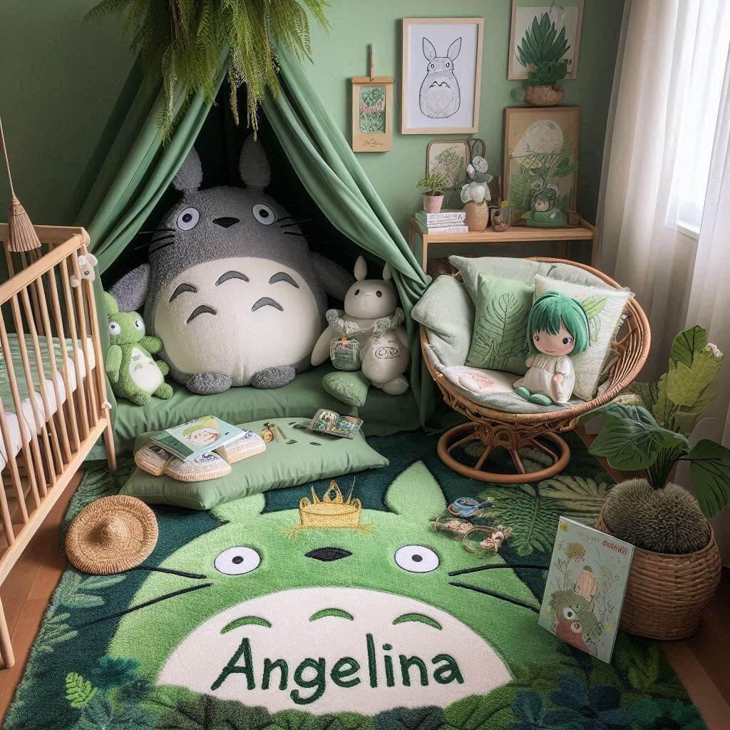 A realistic image of a reading corner inspired by my neighbor totoro with green tones reminiscent of the films enchanted nature a soft carpet adorned with leafy motifs and plush to