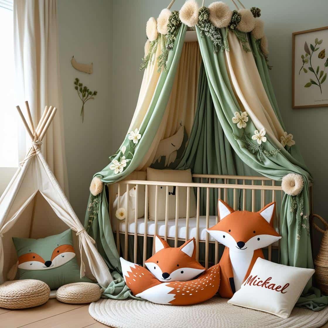A soft natural baby room featuring a crib canopy inspired by a spring forest the canopy is draped in pastel greens and creams adorned with embroidered wildflowers cushions shaped l