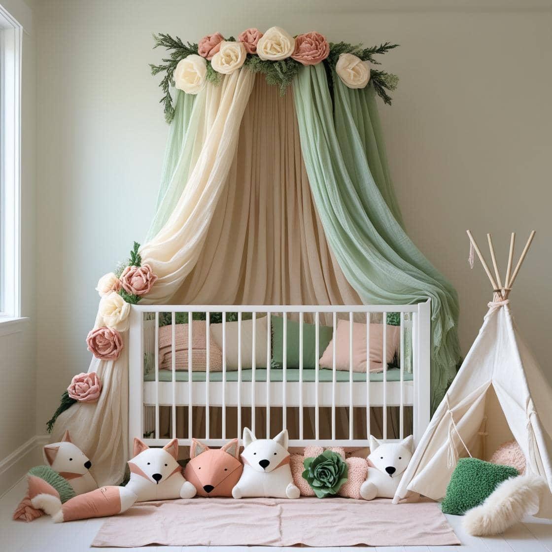 A soft natural light photograph of a baby s room featuring a crib canopy inspired by a spring forest the canopy is draped in gauzy fabrics in shades of pale green cream and blush p