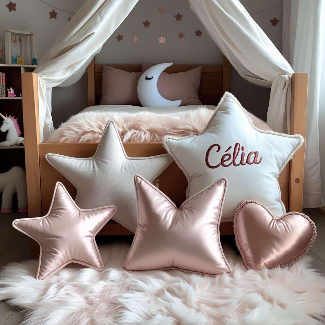 A wide shot of a little girl s scandinavian style bedroom featuring a cozy cabin bed a fluffy faux fur rug star shaped and crescent moon shaped pillows one of which has celia embro