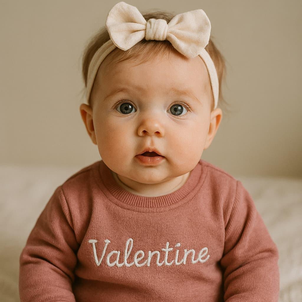 Adorable petit bebe qui se nomme valentine avec son vetement personnalise
