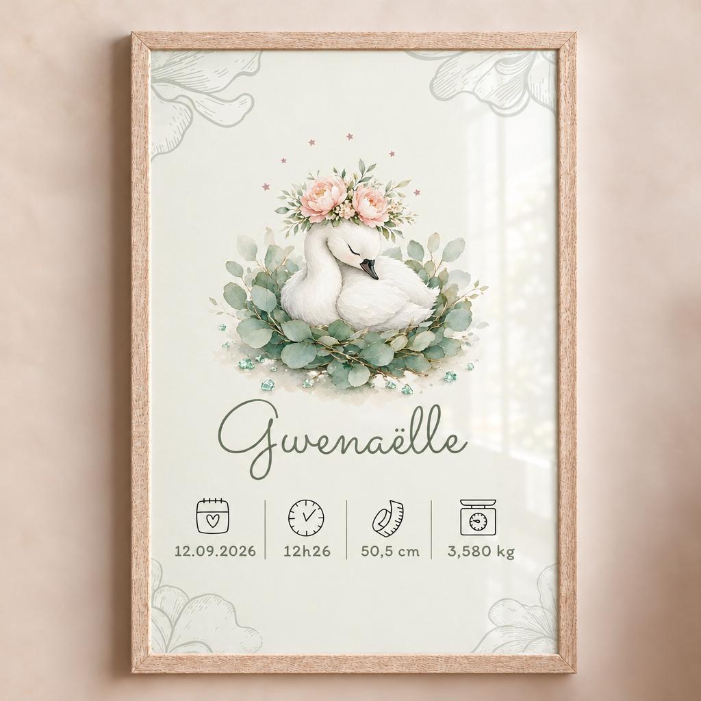 Affiche de naissance personnalisée Gwenaëlle présentée dans un cadre en bois clair avec plexiglas