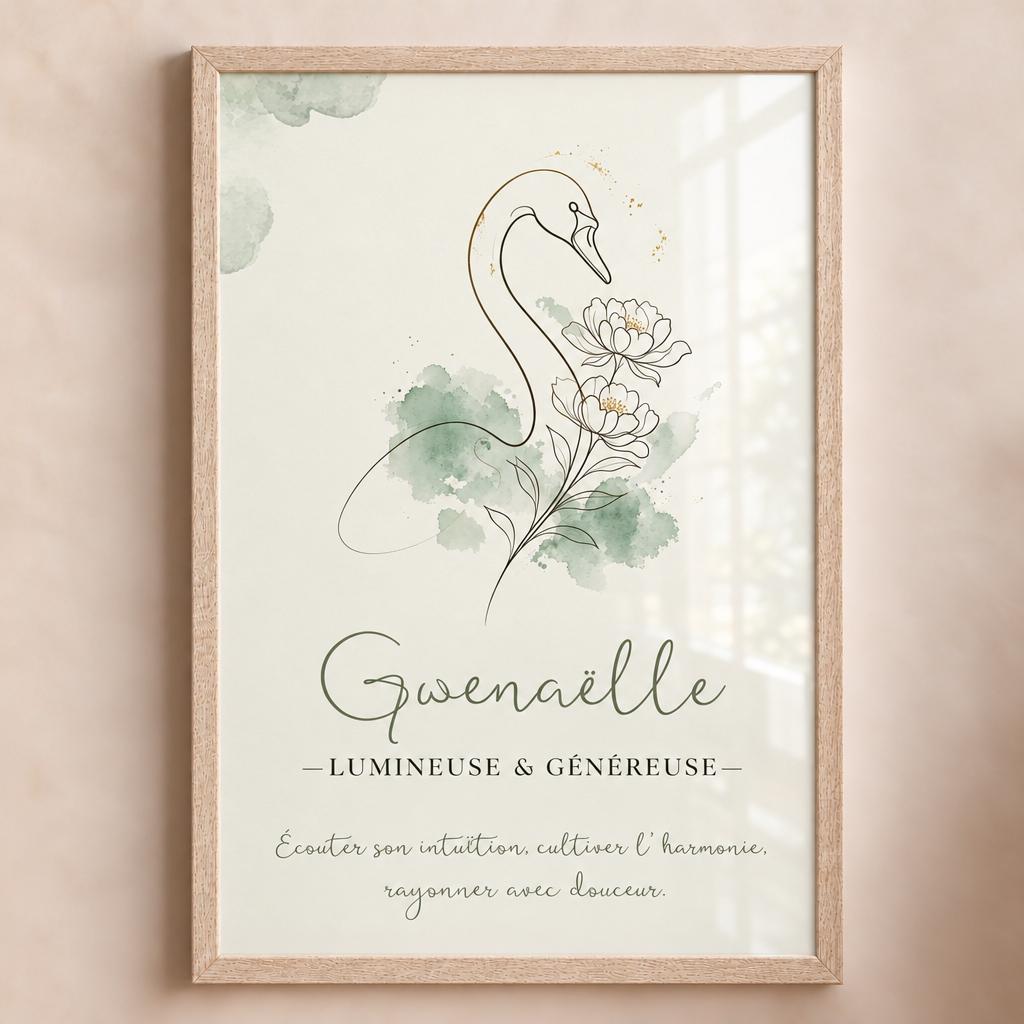 Affiche personnalisée Gwenaëlle encadrée en bois clair avec plexiglas