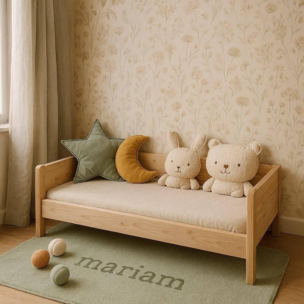 chambre d enfant photorealiste au style nature et floral lit banquette en bois clair tapis vert sauge personnalise mariam lumiere douce et textures realistes