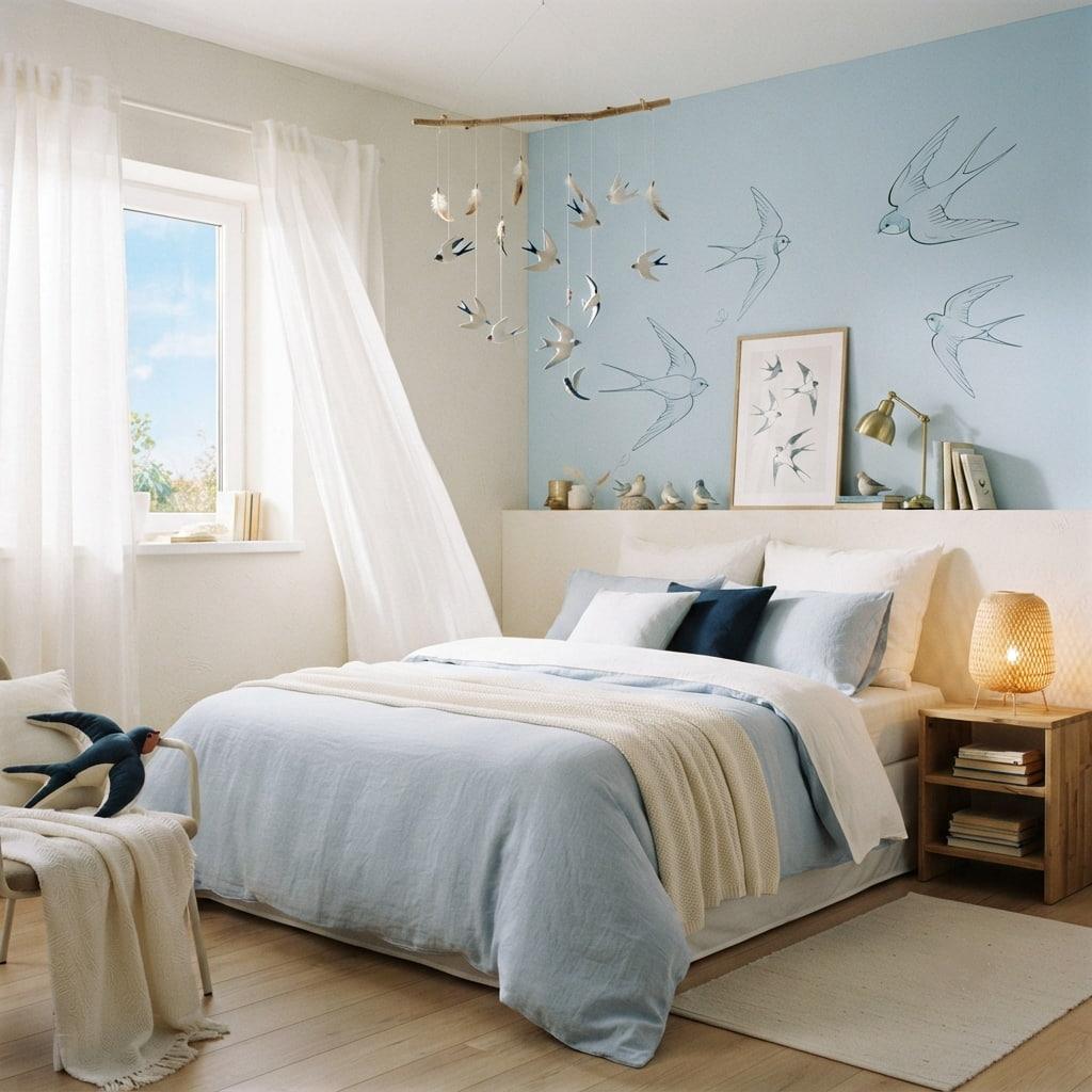 Ambiance deco poetique style hirondelle chambre aux tons bleu et blanc matieres naturelles et decoration legere esprit ciel d ete