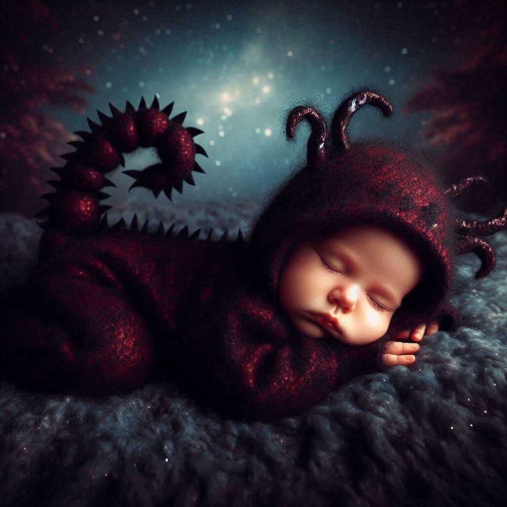 An adorable baby sleeping peacefully dressed in a soft and cozy scorpio themed outfit the costume reflects the mysterious strength and passion of the scorpio sign with deep captiva