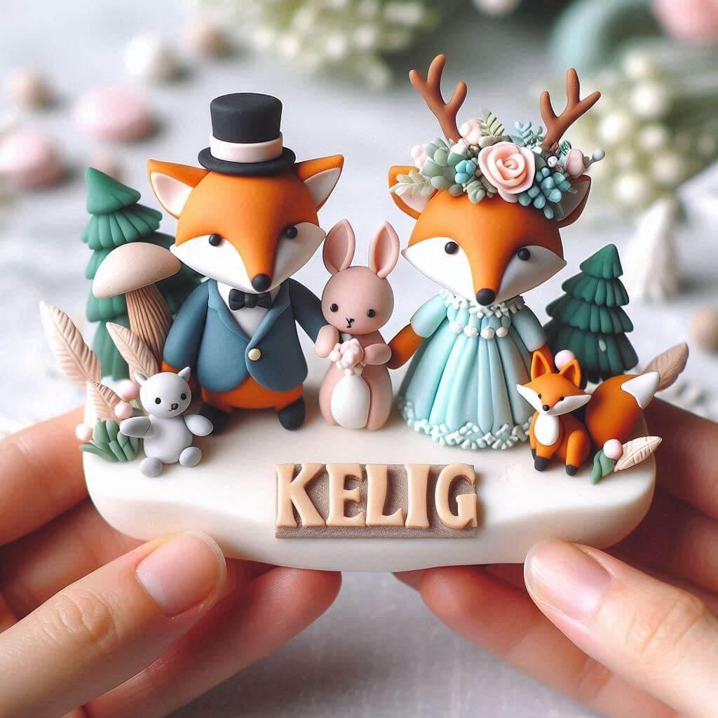 Animaux de la foret pour mariage en fimo avec le prenom kelig