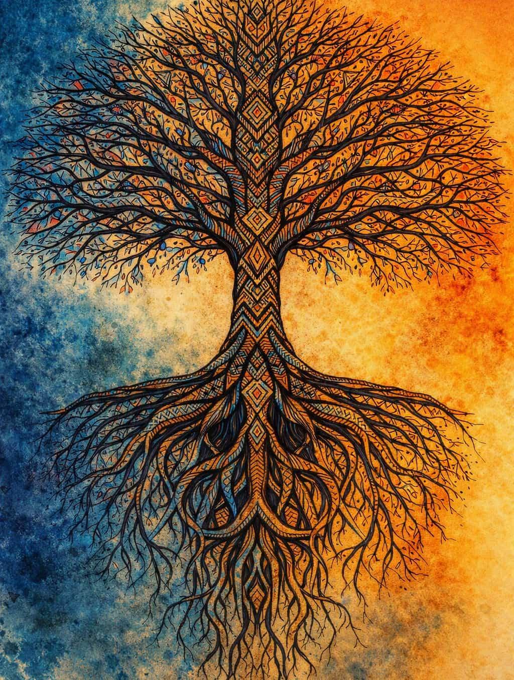 Arbre aux racines terre et mousse illustration naturelle et symbolique inspiree de motifs tribaux
