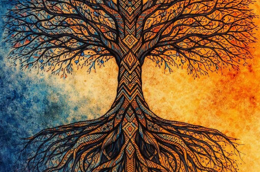 Arbre aux racines terre et mousse illustration naturelle et symbolique inspiree de motifs tribaux