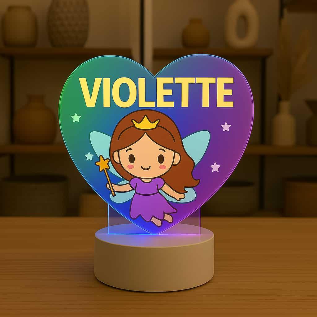 veilleuse acrylique pour fille Avec une fee prenom violette