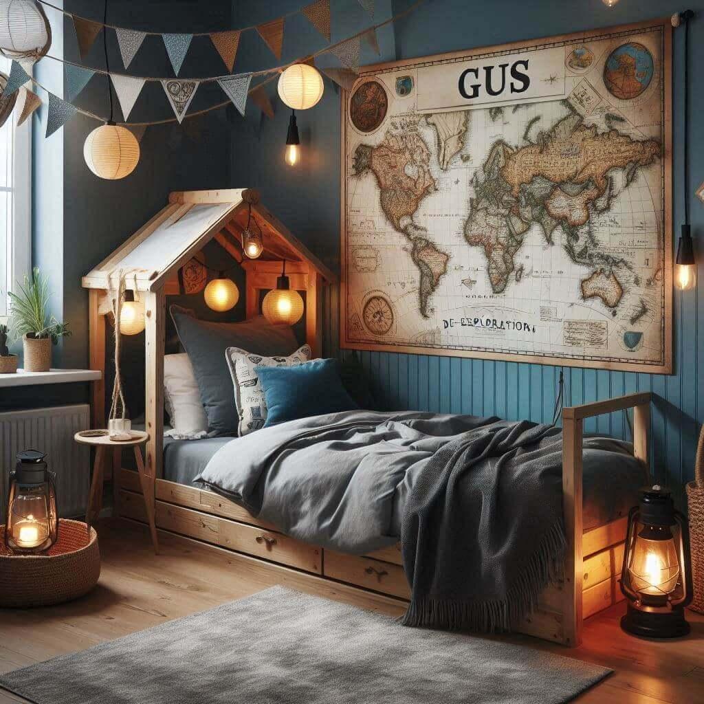 Chambre enfant Aventure Explorer pour Gus avec lit cabane, carte du monde et guirlande lanternes.