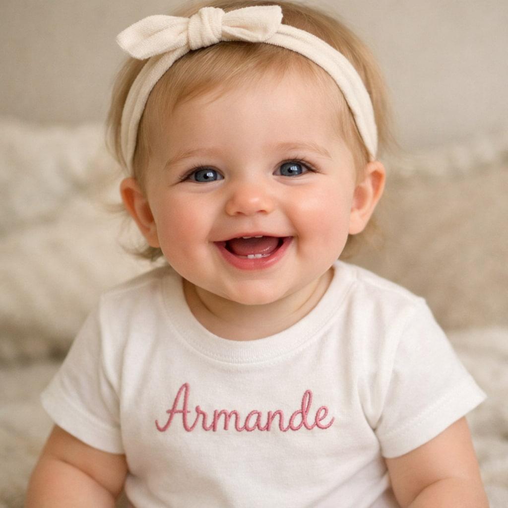 Bebe adorable souriant portant un t shirt blanc avec le prenom armande brode en rose lumiere naturelle douce ambiance chaleureuse et authentique