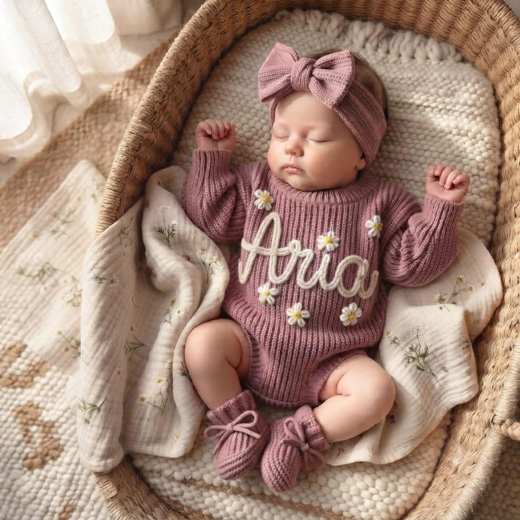 Bébé endormi dans un panier en osier, ensemble mauve brodé Aria, posé sur une couverture crème fleurie