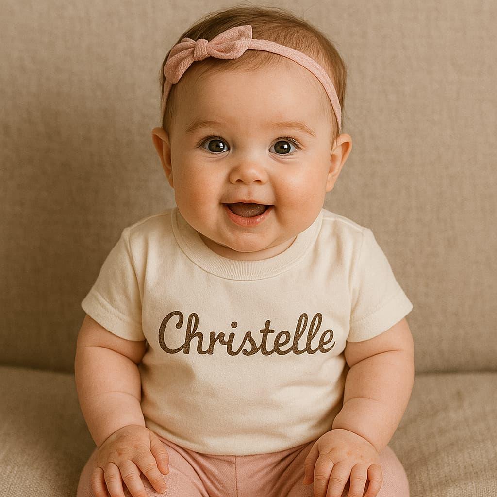 Bebe fille adorable avec son t shirt personnalise avec le prenom christelle