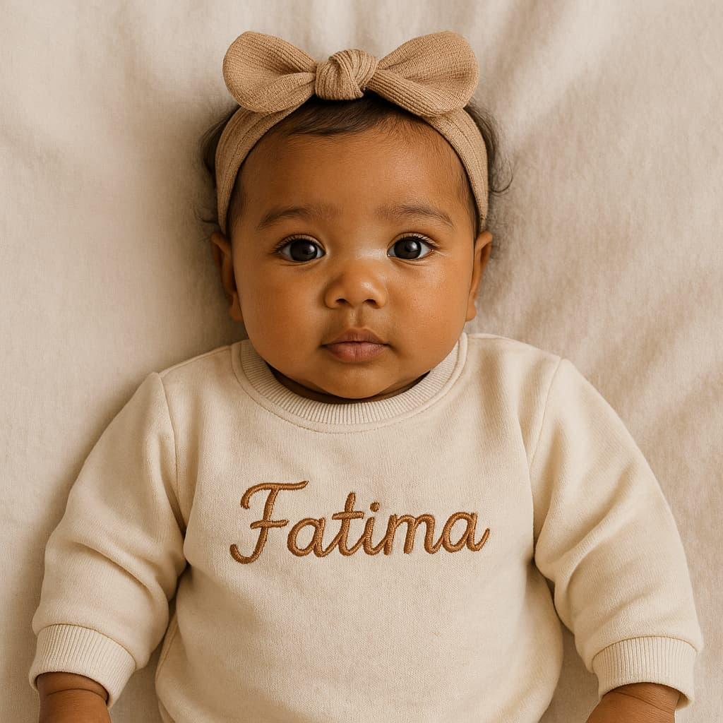 Bebe fille fatima brode sur son vetement