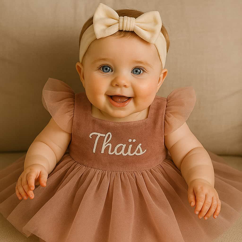 Bebe fille prenommee thais souriante en tenue de princesse avec un bandeau