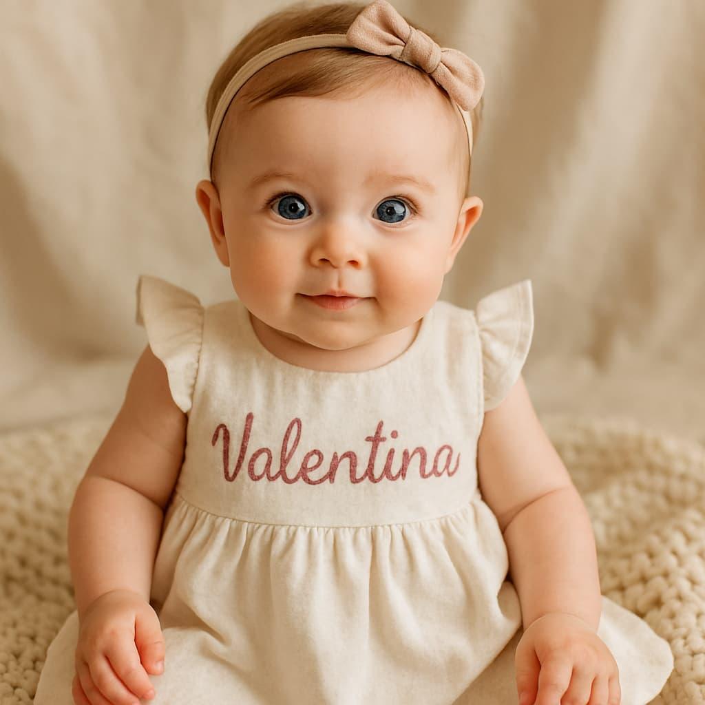 Bebe fille qui se nomme valentina brode sur sa robe