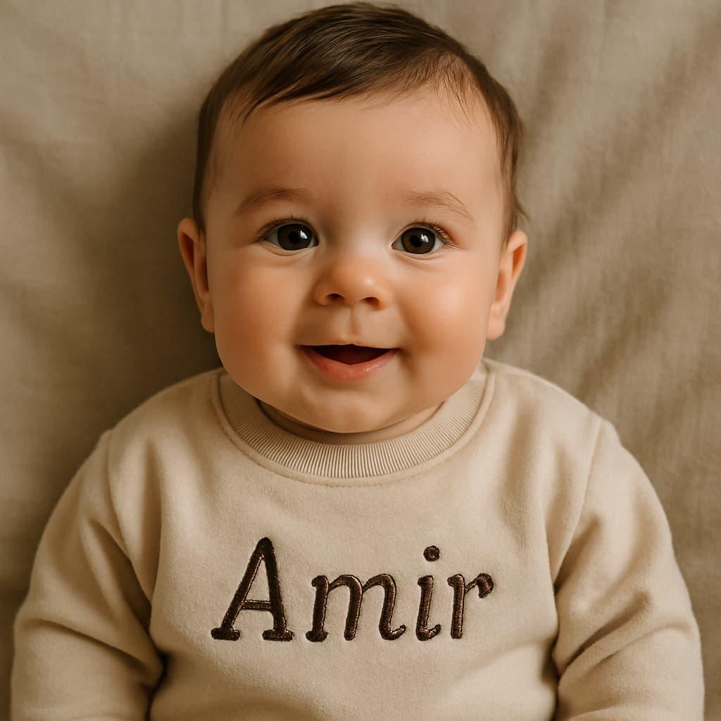 bébé qui se prénomme amir, son prénom est écrit sur son vêtement, photo portrait studio