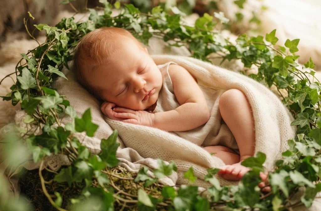 Bebe nouveau ne endormi dans un decor naturel de lierre et de mousse photo douce et lumineuse