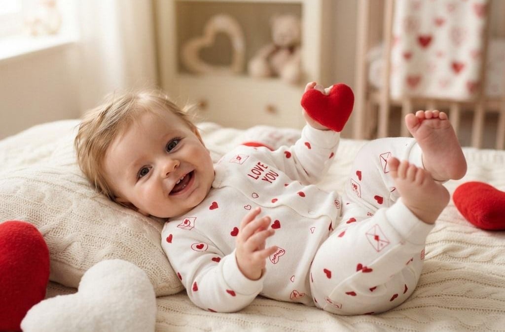 Bebe souriant allonge sur une couverture en tricot blanc portant un pyjama avec des motifs de c urs rouges entoure de c urs decoratifs dans une chambre lumineuse