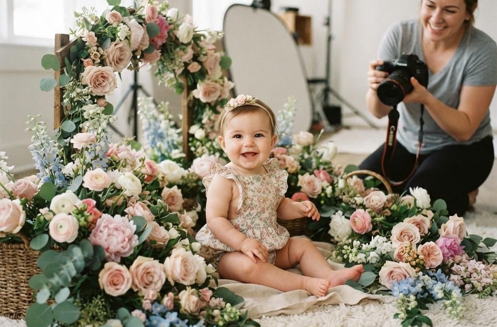 Bebe souriant assis au milieu de fleurs printanieres pour une seance photo thematique