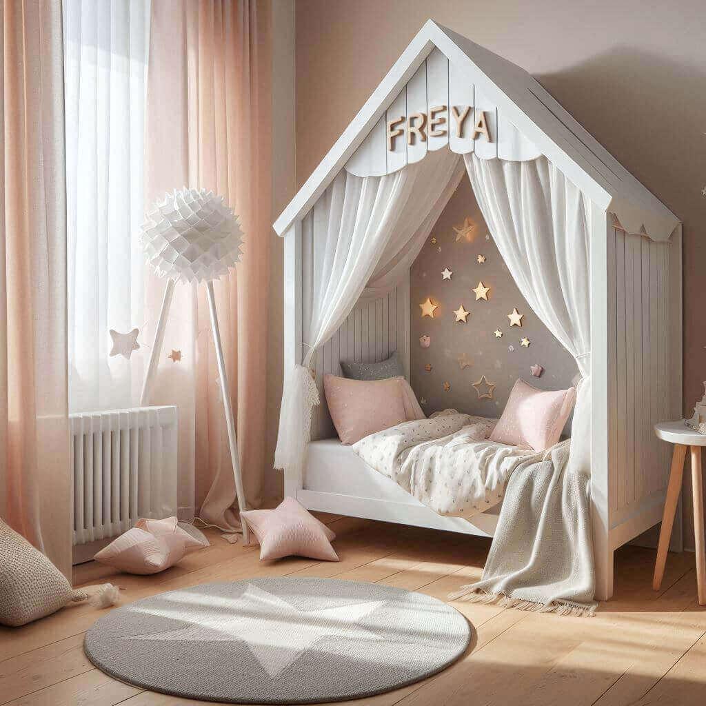Belle chambre de petite fille tendance avec le prenom freya couleur blanc et rose pale