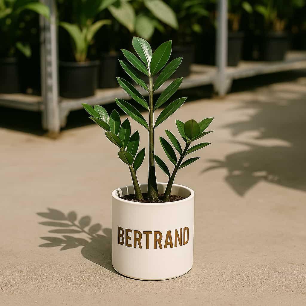 Belle plante avec un cache pot personnalise avec le prenom bertrand dans une jardinerie ombre