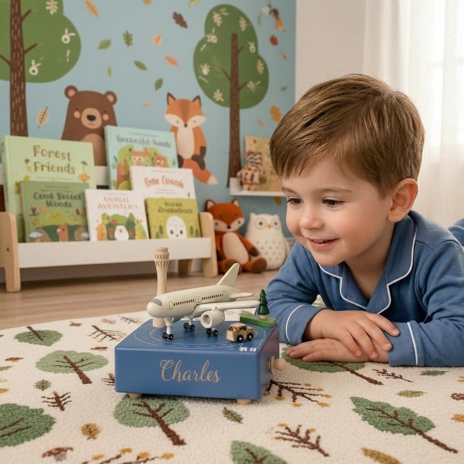 Boite a musique en bois massif personnalisee avec le prenom charles motif avion idee cadeau unique pour enfant 1