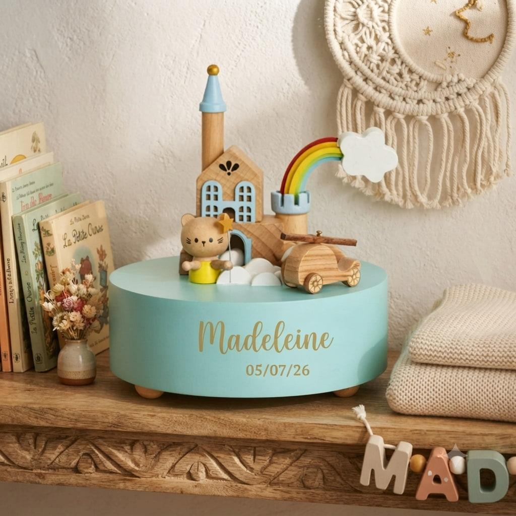 Boîte à musique en bois personnalisée Madeleine avec décor château