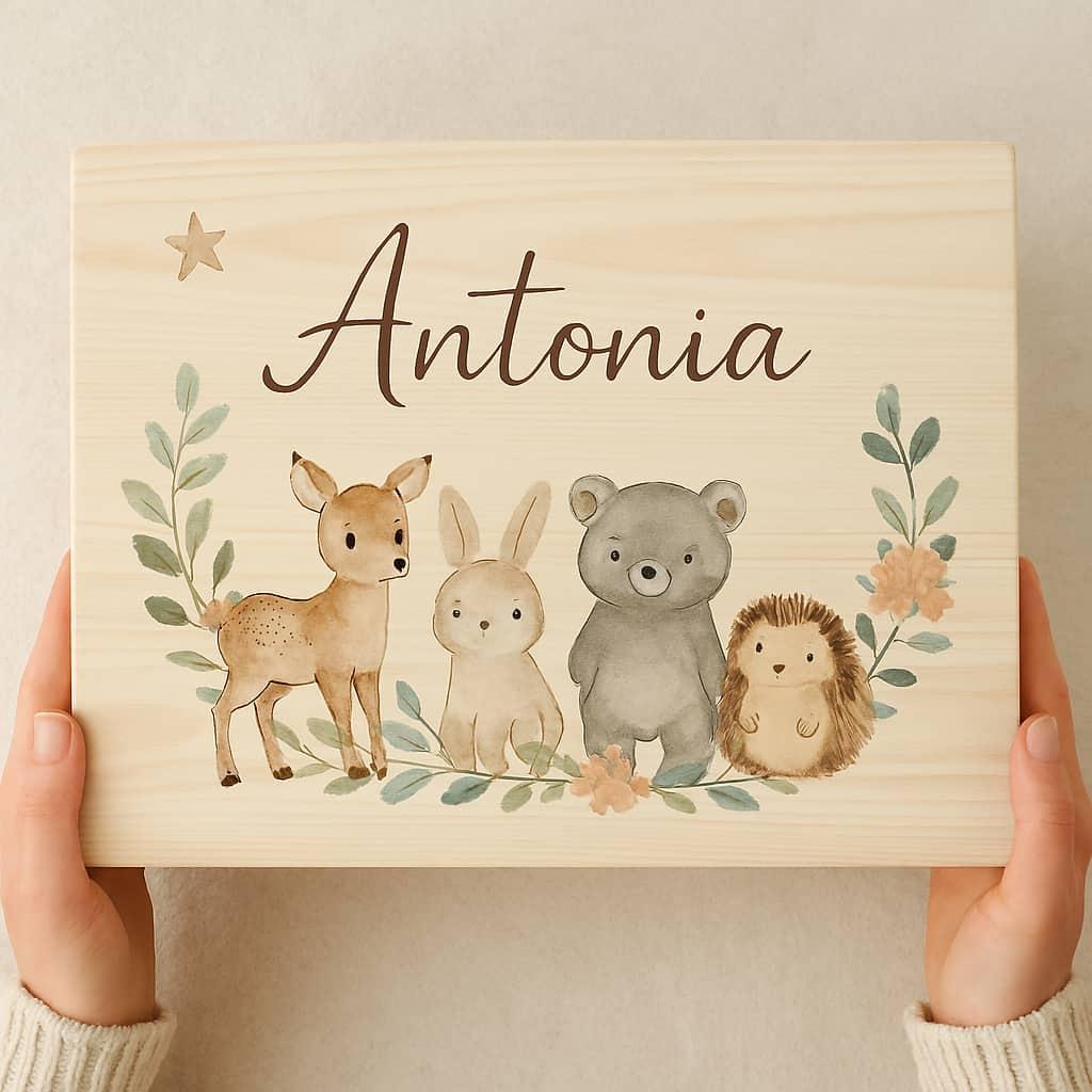 Boite souvenir en bois personnalisee avec le prenom antonia theme animaux de la foret