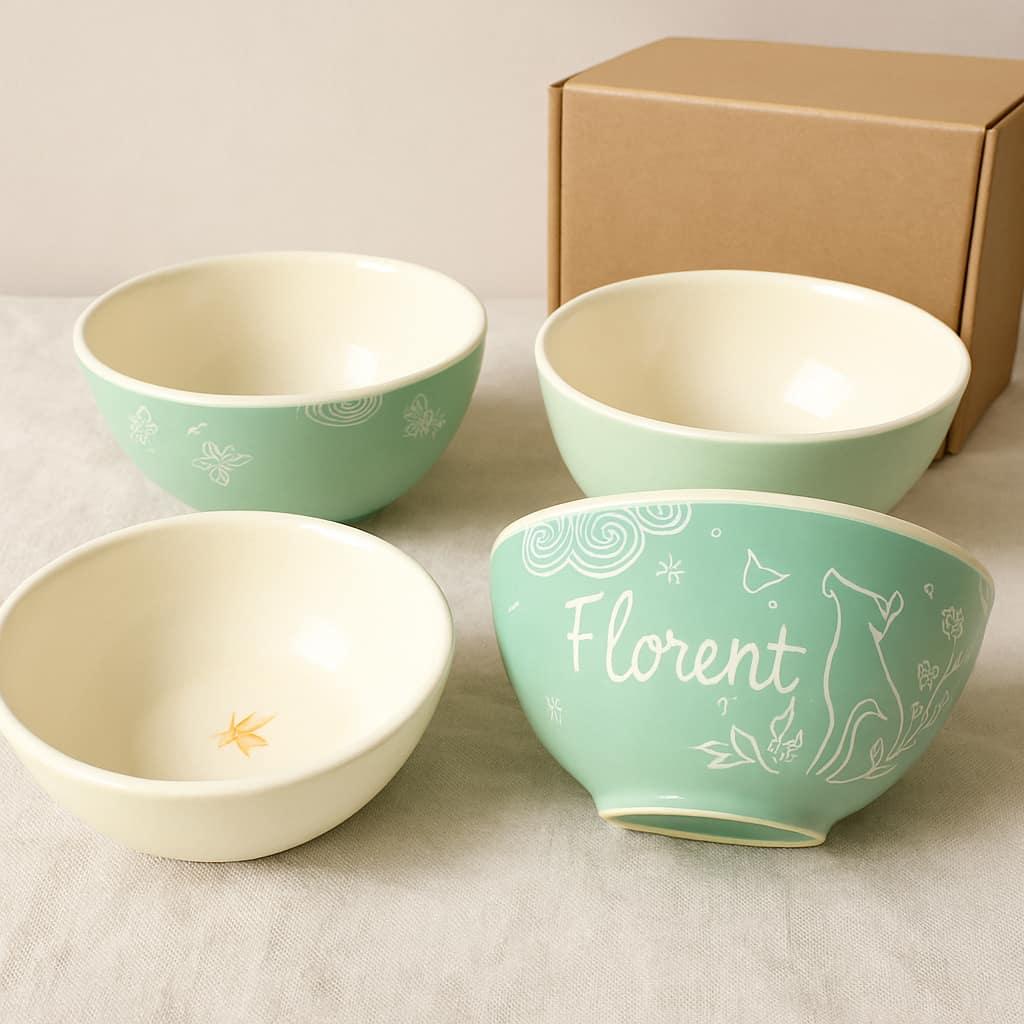 Bol en ceramique personnalise avec le prenom florent couleur vert d eau
