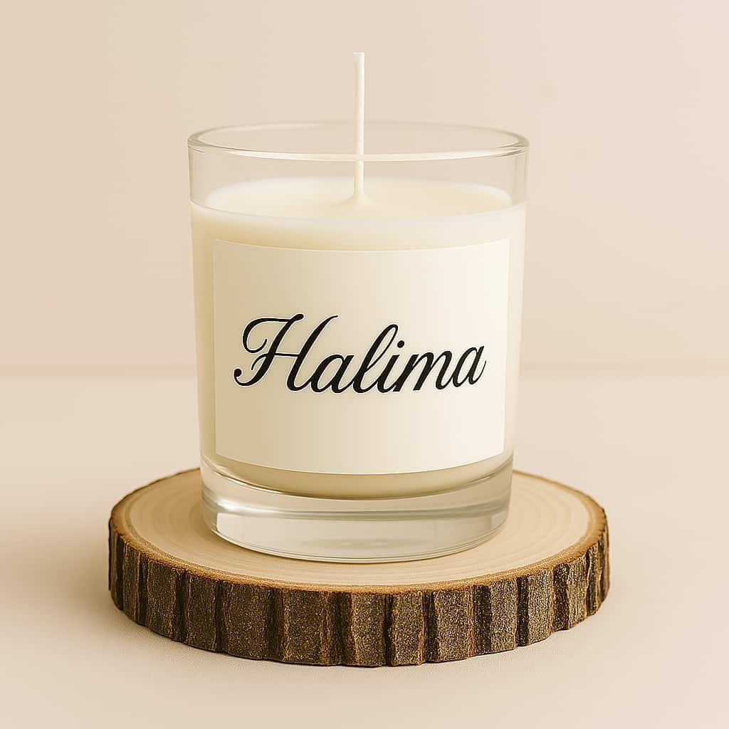 Bougie en verre personnalisee avec le prenom halima avec une etiquette en ecriture italique sur un rondin de bois photo professionnelle