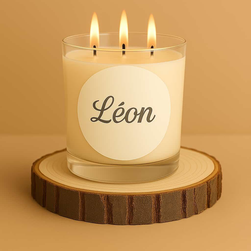 Bougie en verre personnalisee avec le prenom leon avec une etiquette en ecriture italique sur un rondin de bois avec 3 meches allumees photo professionnelle