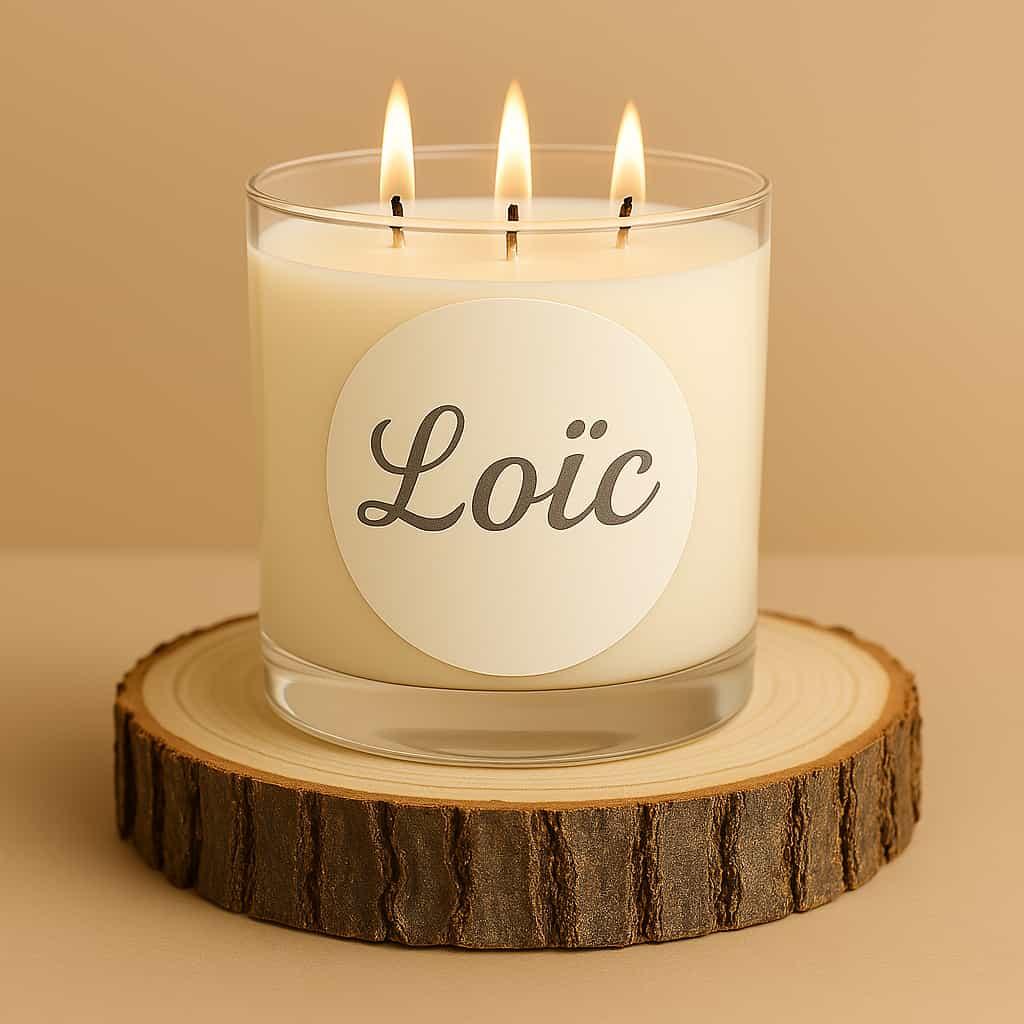 Bougie en verre personnalisee avec le prenom loic avec une etiquette en ecriture italique sur un rondin de bois avec 3 meches allumees photo professionnelle