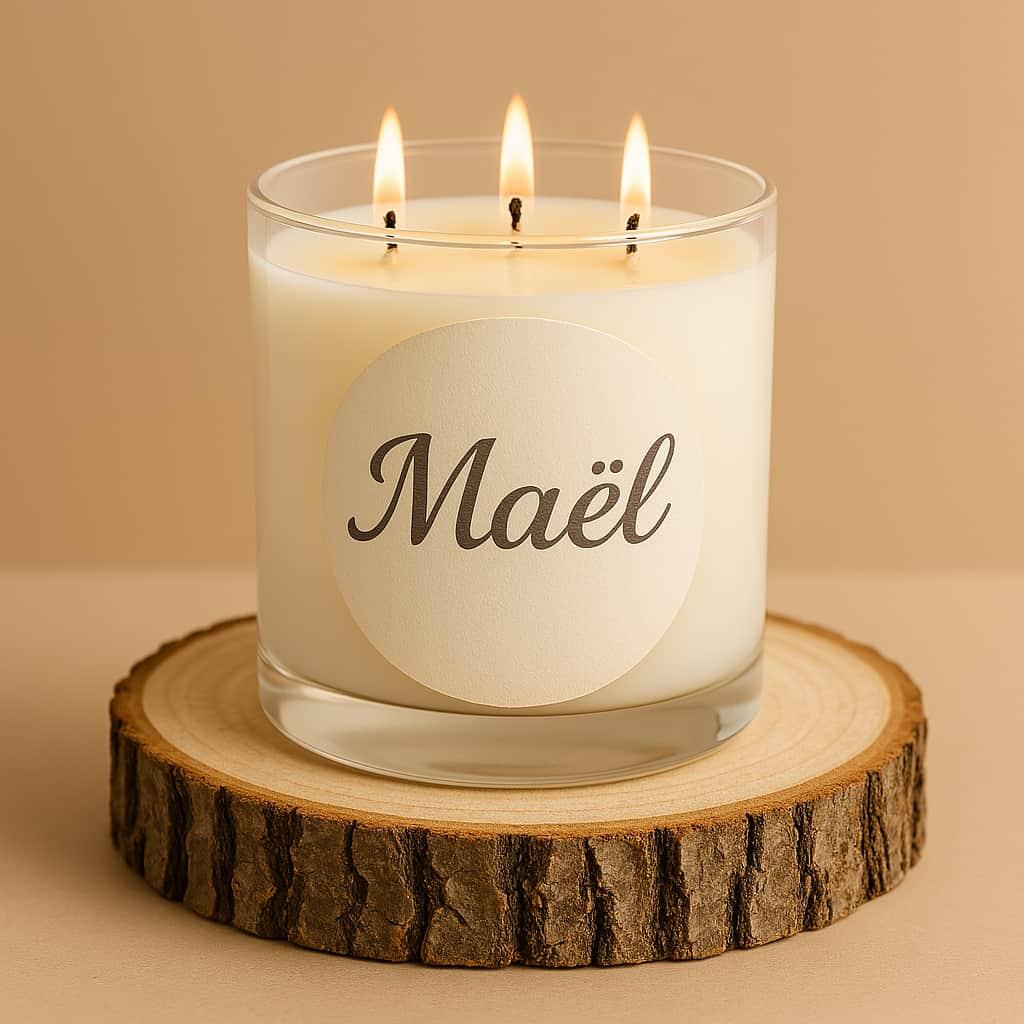 Bougie en verre personnalisee avec le prenom mael avec une etiquette en ecriture italique sur un rondin de bois avec 3 meches allumees