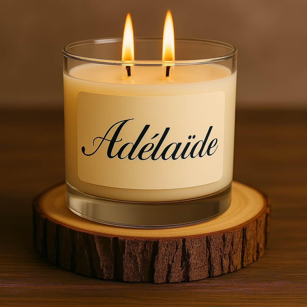 Bougie personnalisee avec le prenom adelaide en ecriture italique sur un rondin de bois photo professionnelle format carre