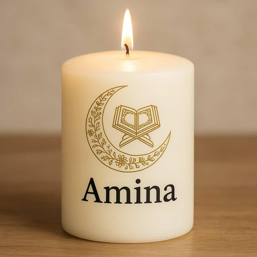 Bougie personnalisee avec le prenom amina style coranique