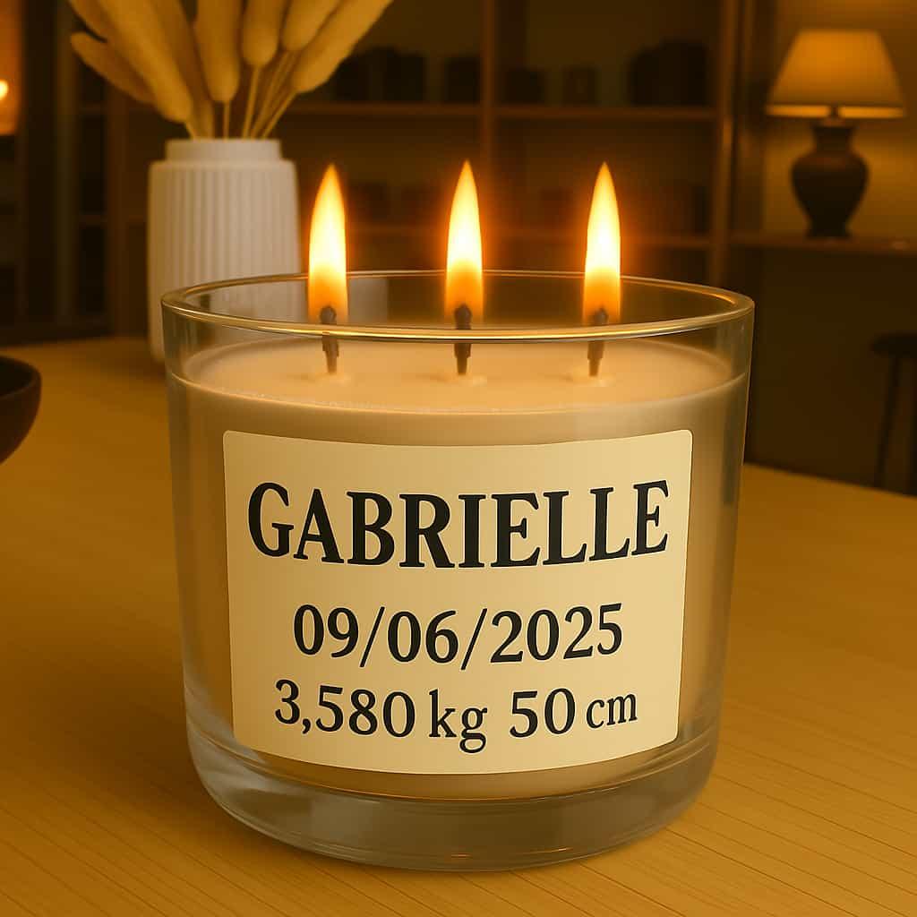 Bougie personnalisee avec le prenom gabrielle date de naissance poids et taille cadeau bebe