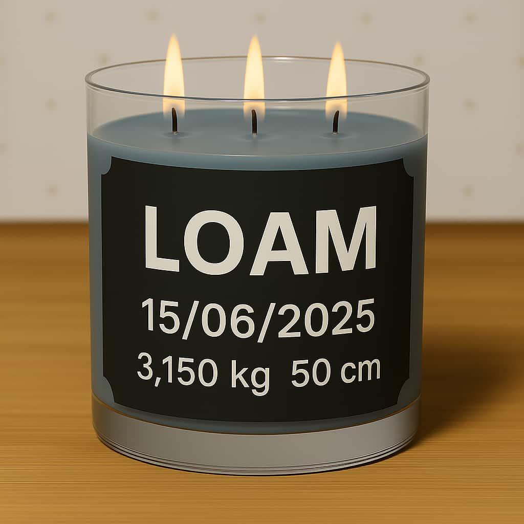 Bougie personnalisee avec le prenom loam date de naissance poids et taille