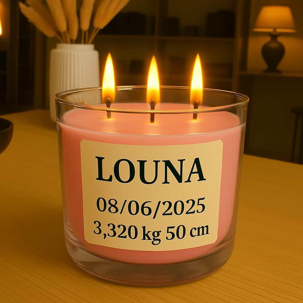 Bougie personnalisee avec le prenom louna avec date poids et taille de naissance