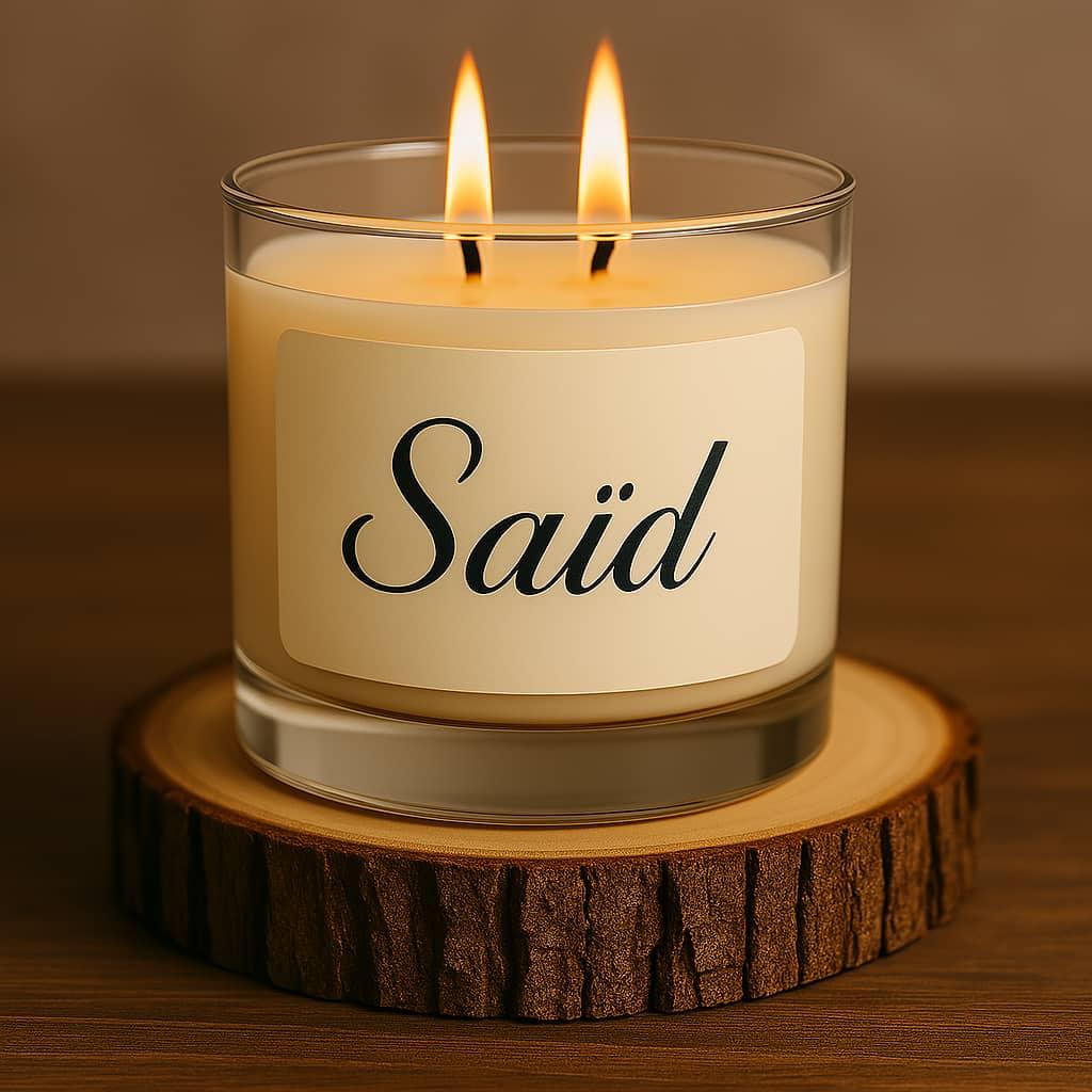 Bougie personnalisee avec le prenom said en ecriture italique sur un rondin de bois photo professionnelle format carre