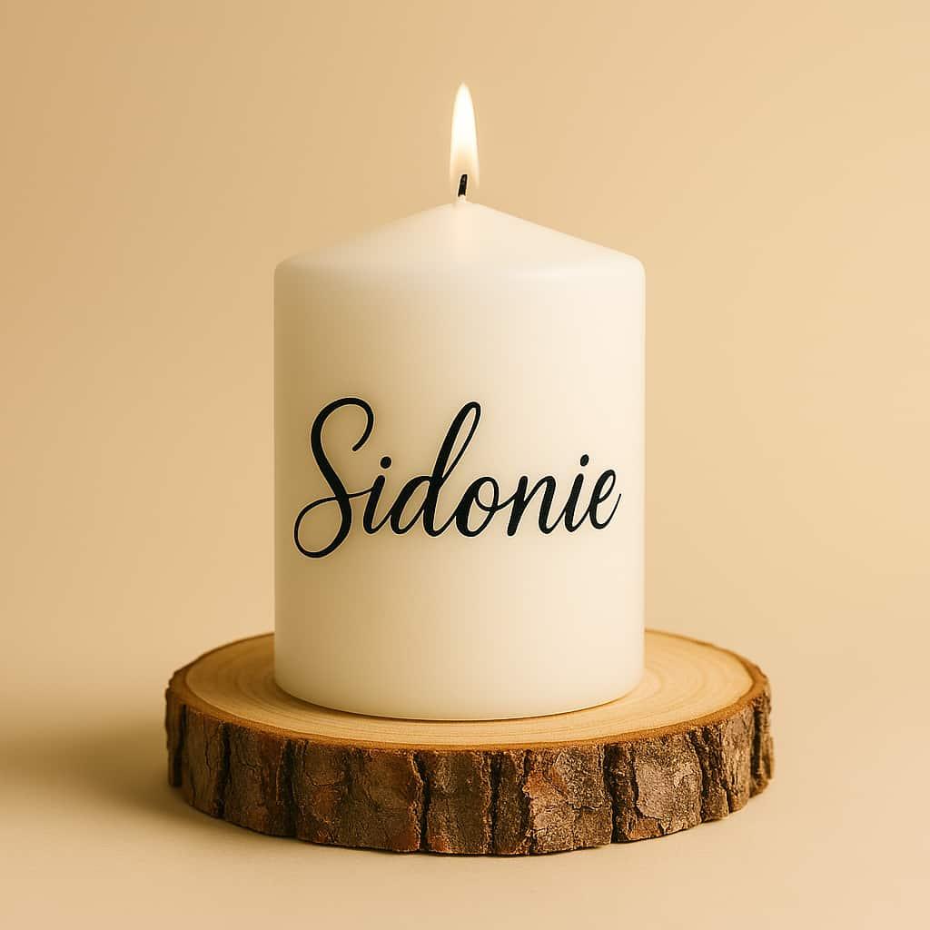 Bougie personnalisee avec le prenom sidonie en ecriture italique sur un rondin de bois photo professionnelle format carre