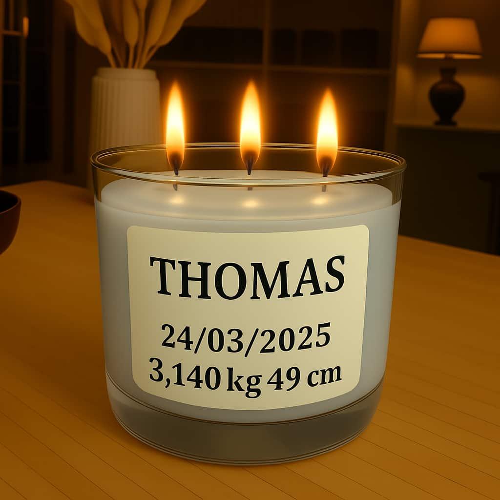 Bougie personnalisee avec le prenom thomas date de naissance cadeau bebe