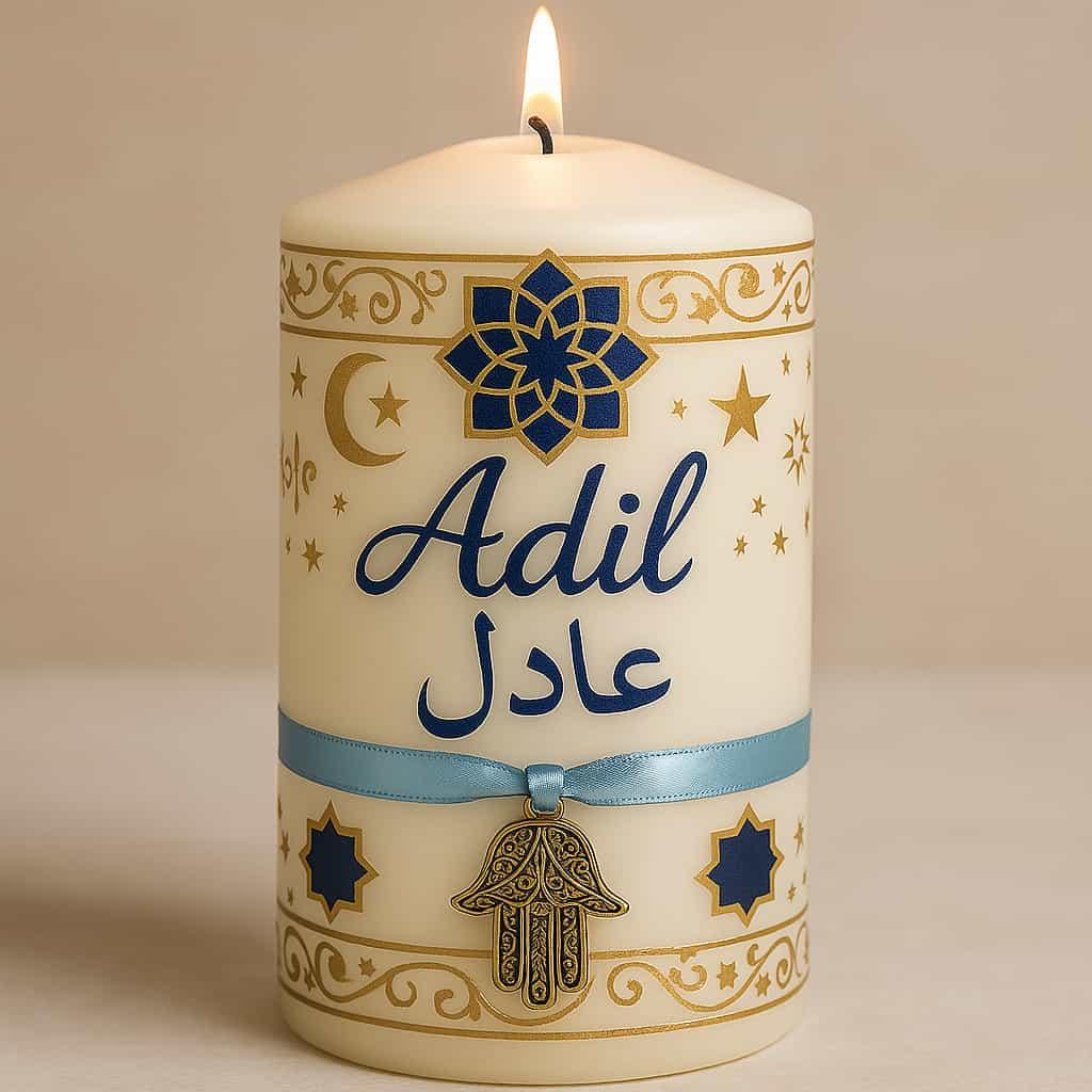 Bougie personnalisee theme orientale personnalisee avec le prenom adil ecrit en arabe