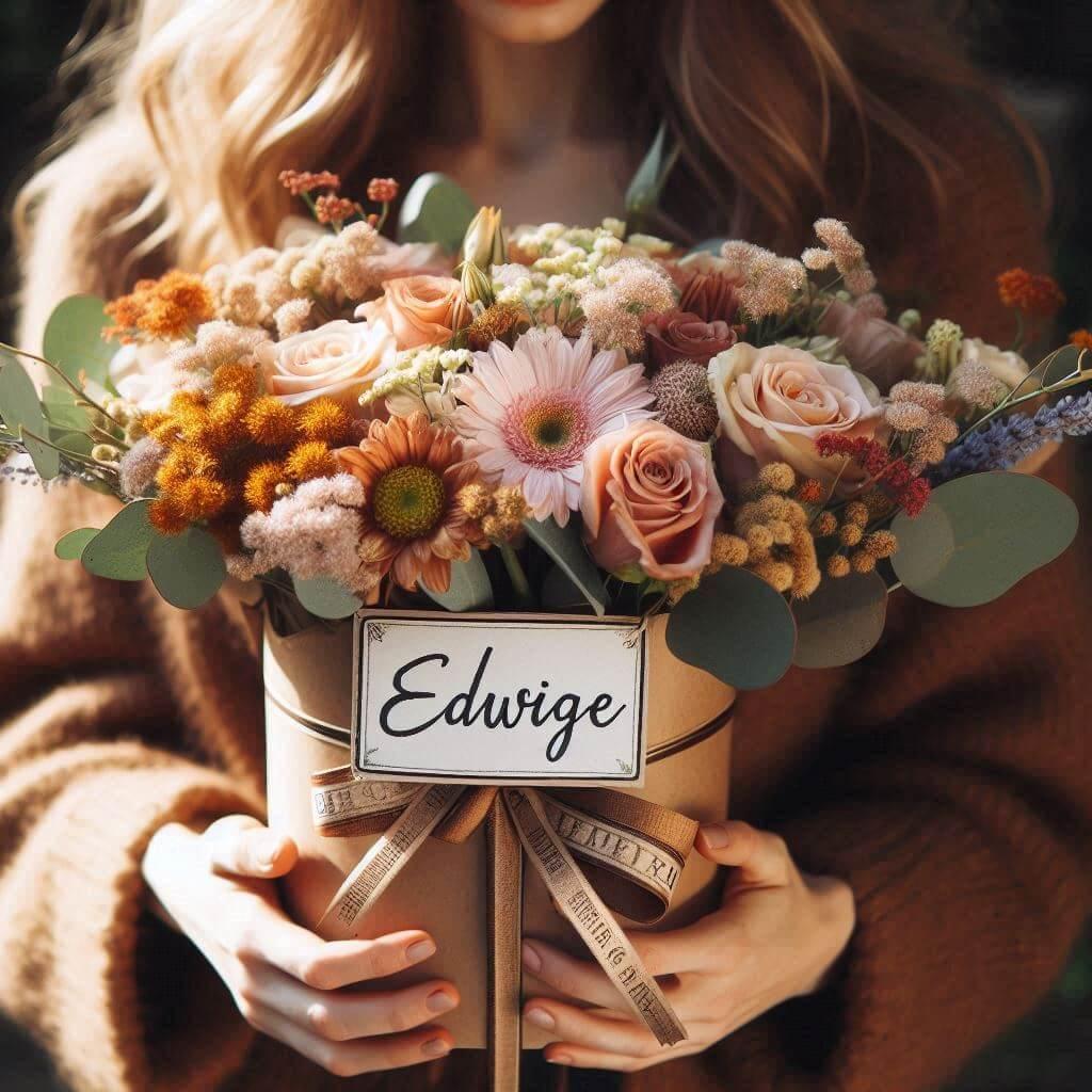 Bouquet de fleurs avec une etiquette personnalisee avec le prenom edwige